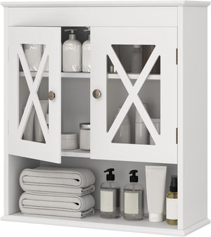 Mobile Bagno Sospeso 54 x 20 x 60 cm, Armadietto da Parete con 2 Ante in Acrilico, Ripiano Regolabile e Scomparto Aperto, Mobiletto da Muro per Lavanderia e Cucina