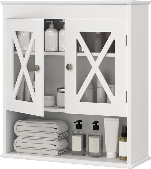 Mobile Bagno Sospeso 54 x 20 x 60 cm, Armadietto da Parete con 2 Ante in Acrilico, Ripiano Regolabile e Scomparto Aperto, Mobiletto da Muro per Lavanderia e Cucina