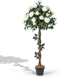 Pianta Floreale Finta 120 CM, Albero di Fiori Artificiali con Rose Bianche, Vaso da Vivaio, Pianta in Vaso da Interno per Decorazione Interna per Ufficio e Casa