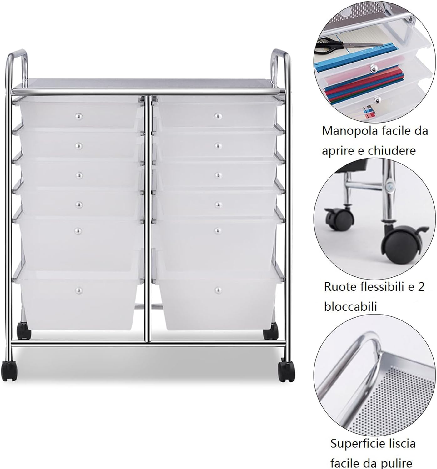 Carrello con 12 Cassetti con Ruote, Carrello di Stoccaggio Multiuso con Ampio Spazio di Archiviazione, Ideale per Casa Ufficio Domestico, 73,5 x 37 x 63 cm (Trasparente)