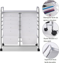 Carrello con 12 Cassetti con Ruote, Carrello di Stoccaggio Multiuso con Ampio Spazio di Archiviazione, Ideale per Casa Ufficio Domestico, 73,5 x 37 x 63 cm (Trasparente)