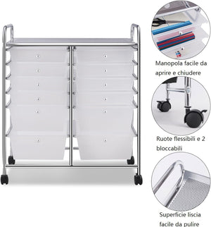 Carrello con 12 Cassetti con Ruote, Carrello di Stoccaggio Multiuso con Ampio Spazio di Archiviazione, Ideale per Casa Ufficio Domestico, 73,5 x 37 x 63 cm (Trasparente)