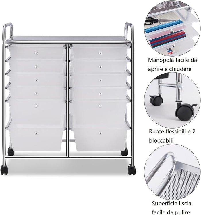Carrello con 12 Cassetti con Ruote, Carrello di Stoccaggio Multiuso con Ampio Spazio di Archiviazione, Ideale per Casa Ufficio Domestico, 73,5 x 37 x 63 cm (Trasparente)