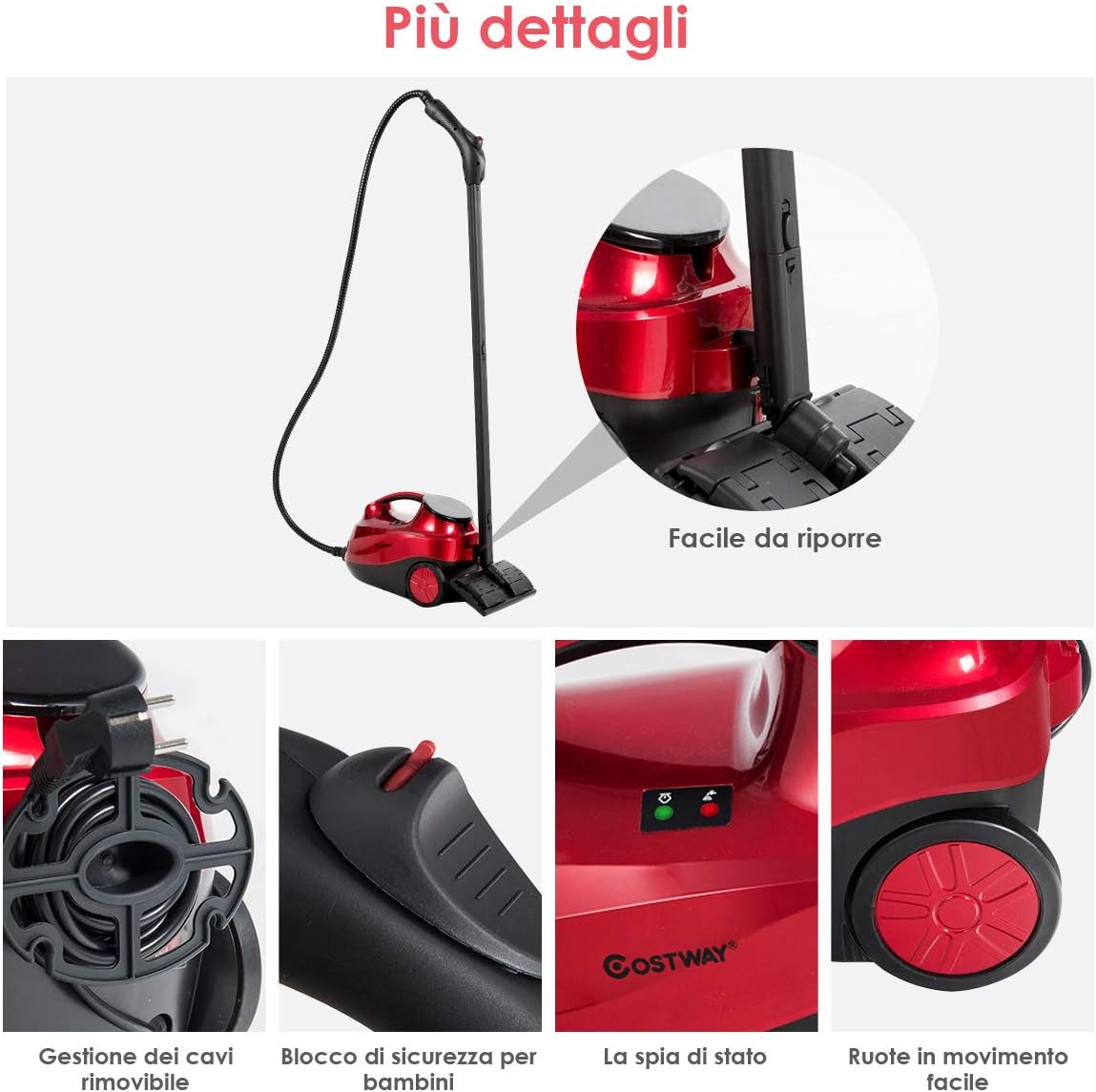 2000W Pulitore a Vapore con 19 Accessori e Serbatoio da 1,5L, Vapore per Tappeti, per Pulizie Profonde Pavimenti Finestre e Macchine (rosso)