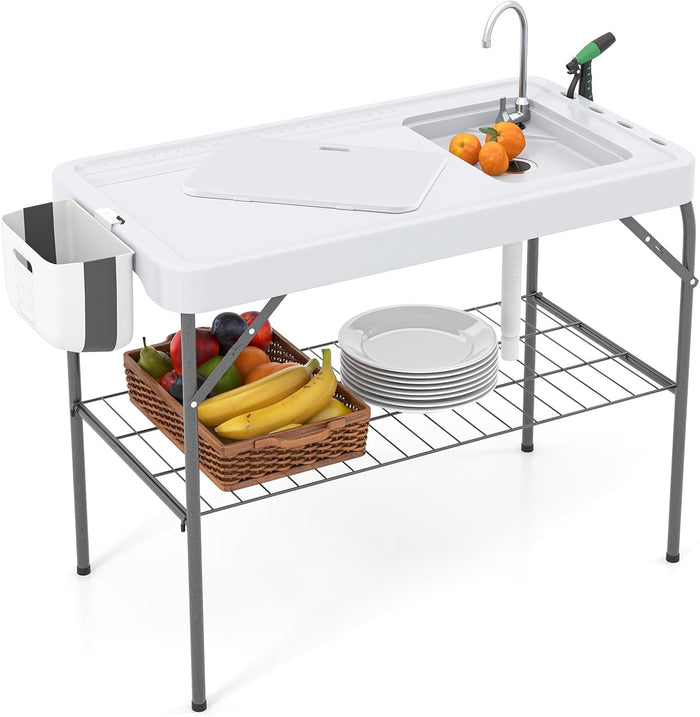 Tavolo da Pulizia del Pesce Pieghevole, Stazione di Lavoro da Esterno 2 in 1 con Lavello, Tavolo da Campeggio con Lavandino, Ugello a Spruzzo, per Campeggio Picnic