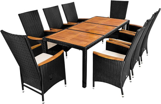 Casaria Salottino da Giardino 8+1 Polyrattan Cuscini 7cm Legno di Acacia 2 Sedie Reclinabili