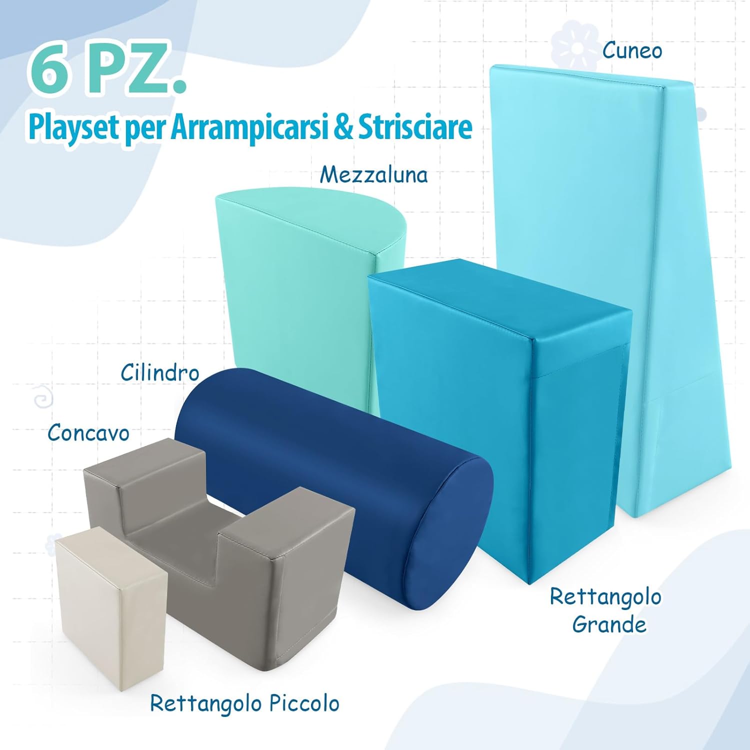 Set di 6 Blocchi per Bambini con Diverse Forme e Colori, Centro Attivit¨¤ Palestrina Giocattolo per Arrampicata e Strisciamento (Blu chiaro)