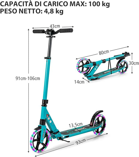 Scooter Monopattino a Spinta per Bambini Pieghevole e Regolabile in Altezza (91-106 cm), con Ruote Luminose e Cavalletto, Carico Massimo 100kg