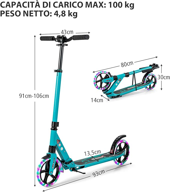 Scooter Monopattino a Spinta per Bambini Pieghevole e Regolabile in Altezza (91-106 cm), con Ruote Luminose e Cavalletto, Carico Massimo 100kg
