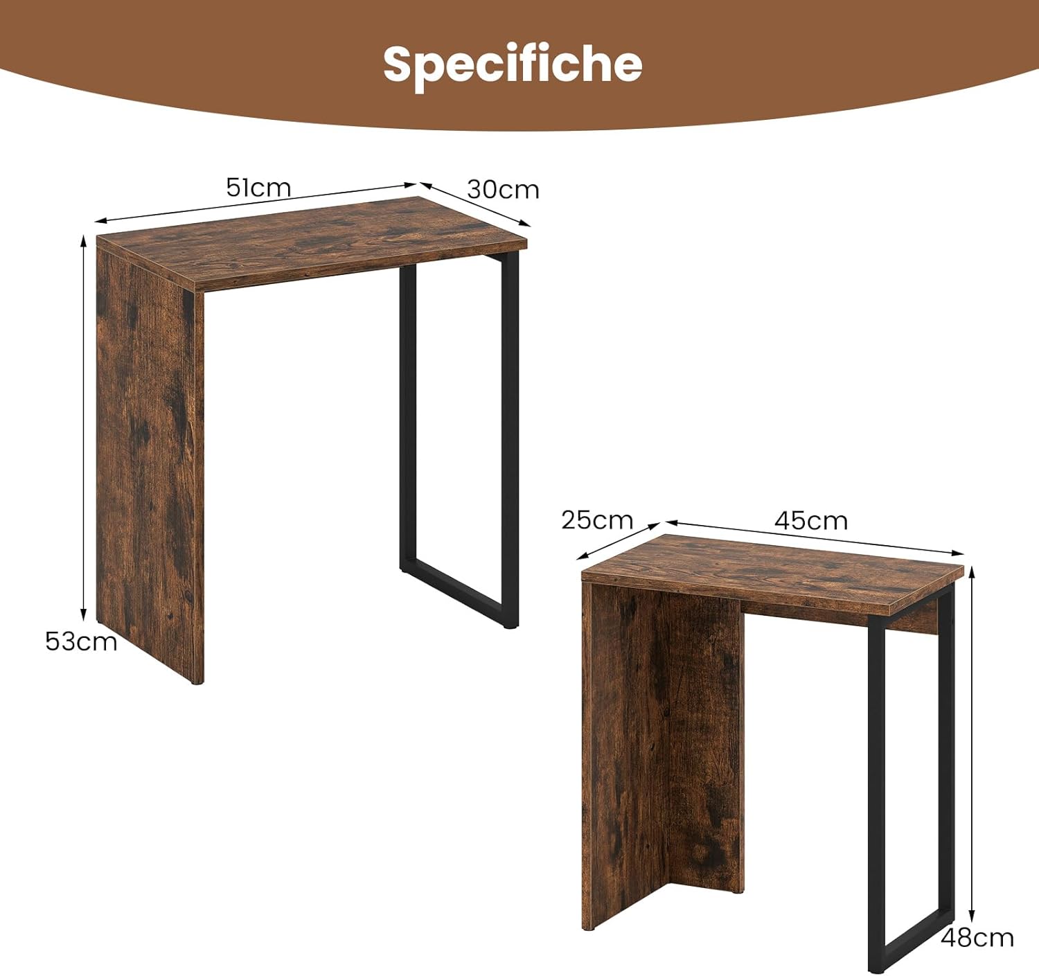 Set di 2 Tavolini da Caffè Impilabili, Tavoli Laterali per Divano con Piano in Finta Legno e Struttura in Metallo, Tavoli per Salotto, Studio e Camera da Letto, Marrone