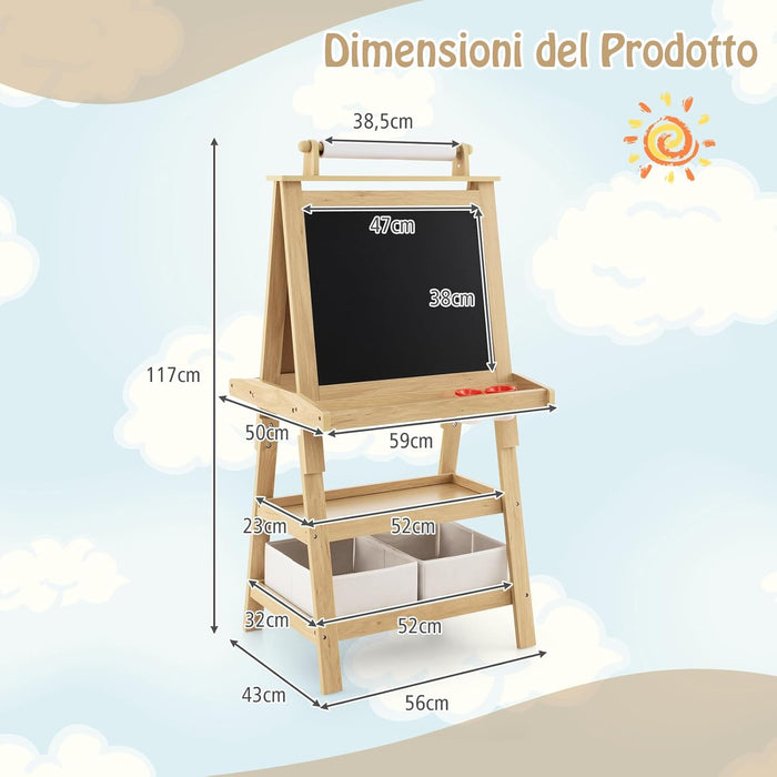 3 in 1 Cavalletto per Bambini con Doppia Faccia, Cavalletto per Disegno con 2 Vassoi e 2 Scatole, Lavagna Bambini in Legno (Naturale)