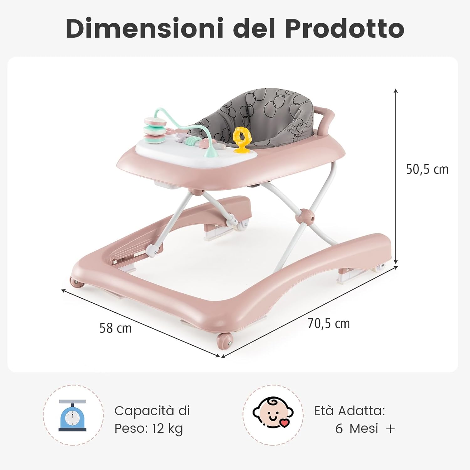 3 in 1 Girello per Bambini, Girello Pieghevole per Bambini, con 3 Altezze Regolabili, Sedile Imbottito e Piatto Giocattolo Rimovibile, Girello a Spinta con Ruote, per Bambini 6+ Mesi (Rosa)