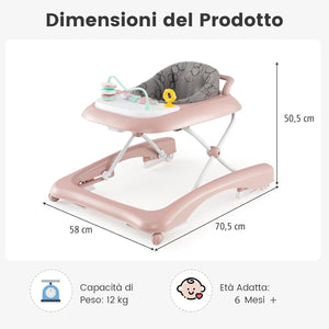 3 in 1 Girello per Bambini, Girello Pieghevole per Bambini, con 3 Altezze Regolabili, Sedile Imbottito e Piatto Giocattolo Rimovibile, Girello a Spinta con Ruote, per Bambini 6+ Mesi (Rosa)
