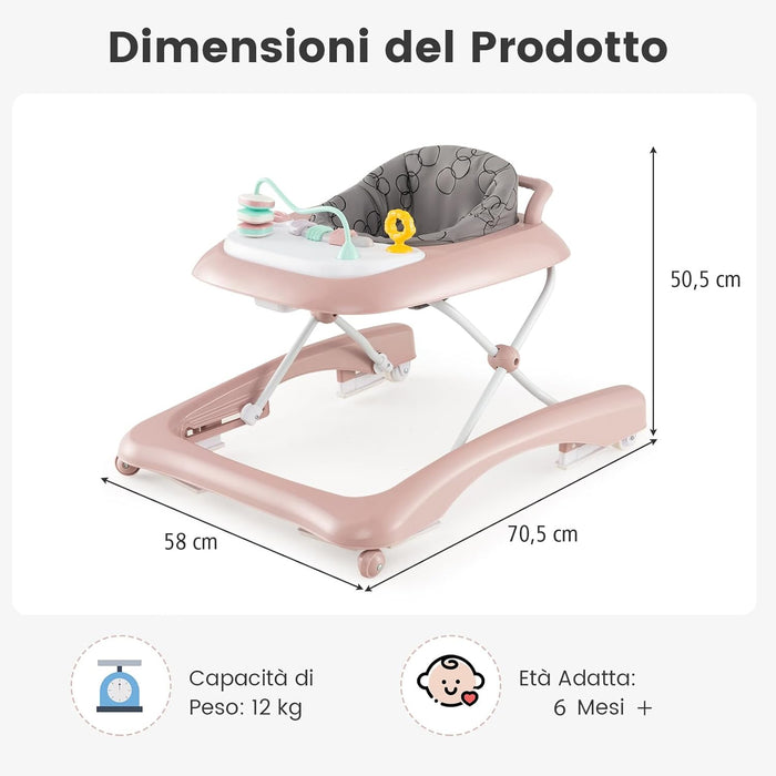 3 in 1 Girello per Bambini, Girello Pieghevole per Bambini, con 3 Altezze Regolabili, Sedile Imbottito e Piatto Giocattolo Rimovibile, Girello a Spinta con Ruote, per Bambini 6+ Mesi (Rosa)