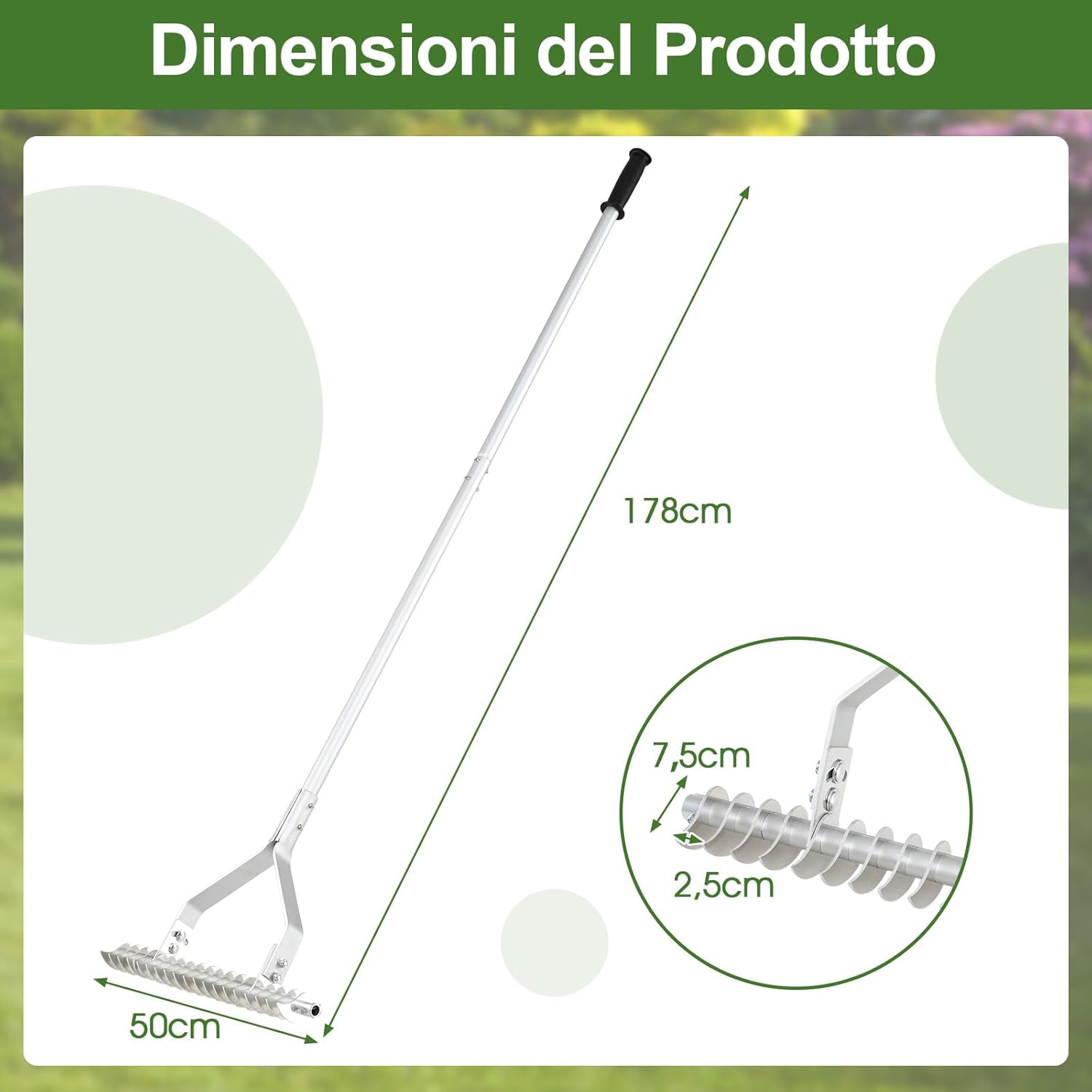 Arieggiatore per Prato 178 cm, Rastrello per Allentare Suolo da 50 cm in Alluminio con Manico Lungo e 19 Denti Curvi, Arieggiatore Manuale da Giardino e Cortile