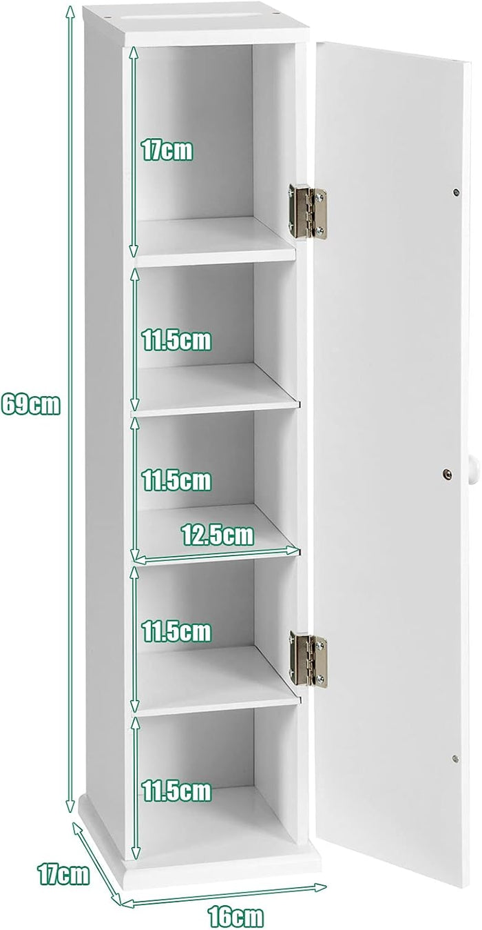 Armadietto Verticale, Armadietto Porta Carta Igienica con 3 Mensole Smontabili, 4 Livelli con Grande Capacità e Dimensione Compatta, Ideale per Camera da Letto Salone Bagno, Bianco
