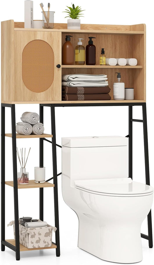 Scaffale Bagno 139cm sopra WC, Mobile Bagno Salvasapzio con Porta in Rattan PE, Ripiani di Stoccaggio Aperti e Supperto in Metallo, Organizzatore sopra Gabinetto, Nero e Marrone