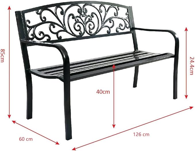 Panchina da Esterno, Panchina in Metallo Verniciato con Schienale Bello, Sedile Ampio e Braccioli Ergonomici, Panca da Giardino, Balcone e Cortile, 126 x 60 x 85 cm (Nero)