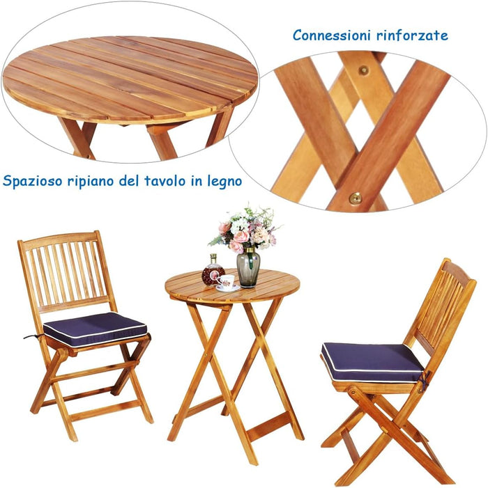 Set Tavolo e Sedie da Giardino, Set Mobili da Giardino Pieghevoli 3 Pezzi in Legno di Acacia, con Cuscini, Arredo Giardino per Giardino Terrazzo Balcone (Cuscini Blu)