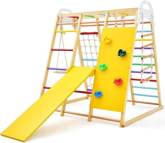 Set da Arrampicata per Bambini, Area Giochi Multifunzionale in Legno con Scala, Scivolo, Altalena e Rete da Arrampicata (Colorato)