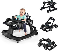 Girello per Bambini 4 in 1, Girello Pieghevole con Altezza e Velocità Regolabili, Carillon con Luci, Volante e Sedile, Primi Passi per Bambini 6-18 Mesi, Portata 15 kg (Nero)