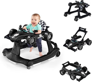 Girello per Bambini 4 in 1, Girello Pieghevole con Altezza e Velocità Regolabili, Carillon con Luci, Volante e Sedile, Primi Passi per Bambini 6-18 Mesi, Portata 15 kg (Nero)