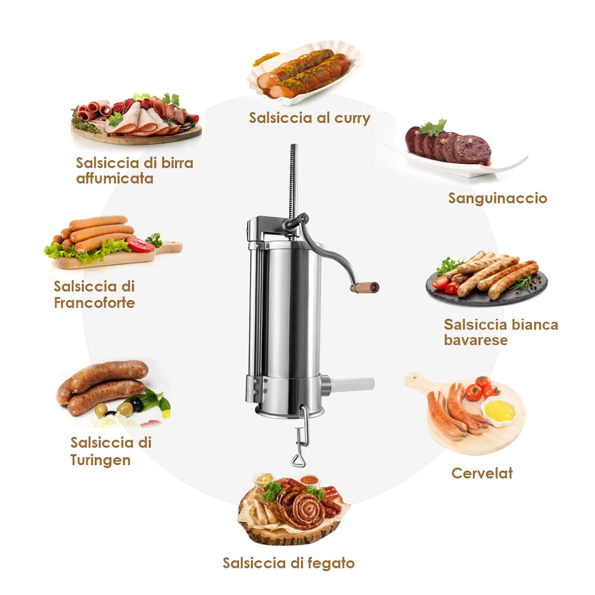 6 L Insaccatrice per Salsiccia Macchina per la Produzione di Salsicce Insaccatrice Manuale per Uso Domestico, Salsicce Siringa con 6 Tubi di Riempimento