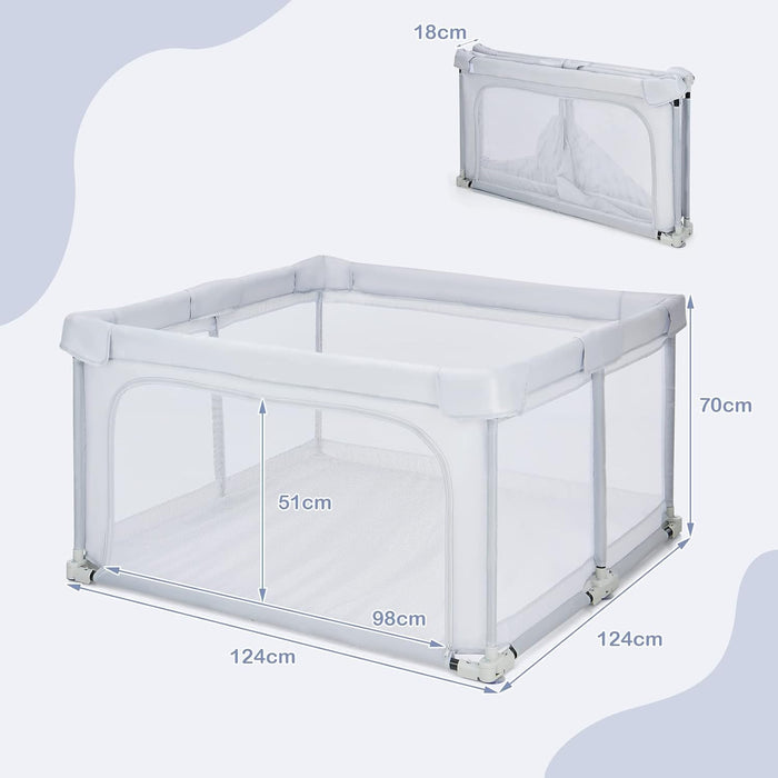 Recinto per Bambini, Box per Bambini con Rete Traspirante, Centro Attività per Bambini con 50 Palline, Box Giochi per Bambini 0-3 Anni (Grigio, ‎124 x 124 cm)