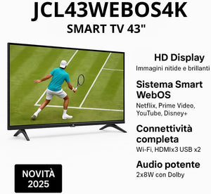 JCL Smart TV 43 Pollici 4K UHD HDR, Android TV, Wi-Fi, DVB-T2, Tripla Porta HDMI, USB, VESA, Modello JCL43WEBOS4K
