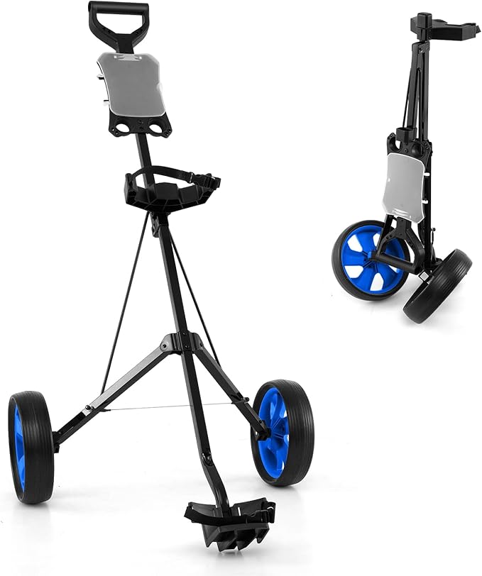 Carrello da Golf Pieghevole con 2 Ruote, Carrello da Golf in Ferro con Tabellone Segnapunti, 140 x 63,5 x 113 cm, Nero(Blu)