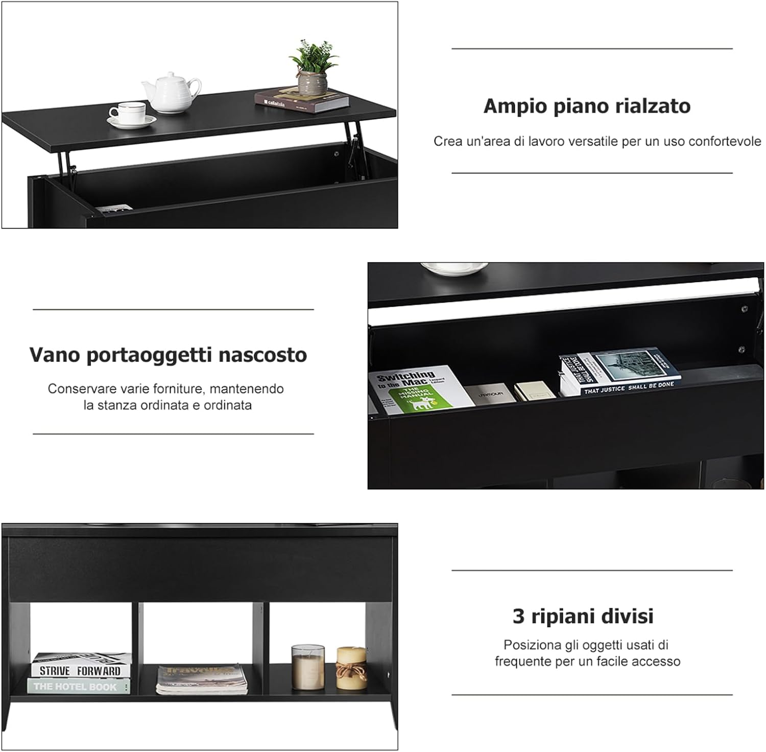 Tavolino da Salotto con Coperchio Sollevabile, Tavolino da Caff¨¨ Moderno Multifunzionale con Altezza Regolabile in Alto e Scompartimenti Nascosti e 3 Mensole Aperte in Basso (Nero)