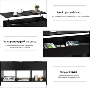 Tavolino da Salotto con Coperchio Sollevabile, Tavolino da Caff¨¨ Moderno Multifunzionale con Altezza Regolabile in Alto e Scompartimenti Nascosti e 3 Mensole Aperte in Basso (Nero)