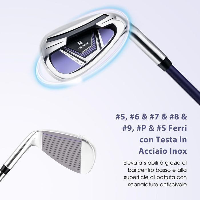 Set Completo di Mazze da Golf per Donna, con Driver 460CC 1, Fairway 3, Ibrido 5, Ferri 5, 6, 7, 8, 9, P e S, Putter e Borsa Portatile Leggera, Destrorso