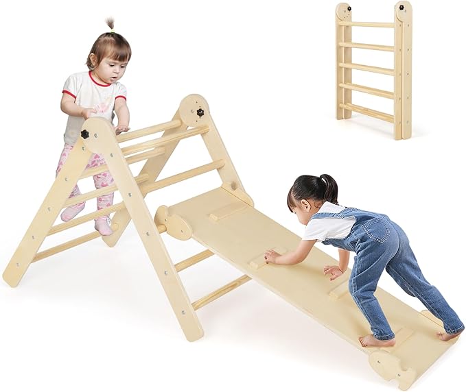 3 in 1 Set da Arrampicata per Bambini, Giocattoli da Arrampicata Triangolari Pieghevoli, Altezza Regolabili, con Scivolo/Rampe da Arrampicata, Carico 60 kg (Naturale)