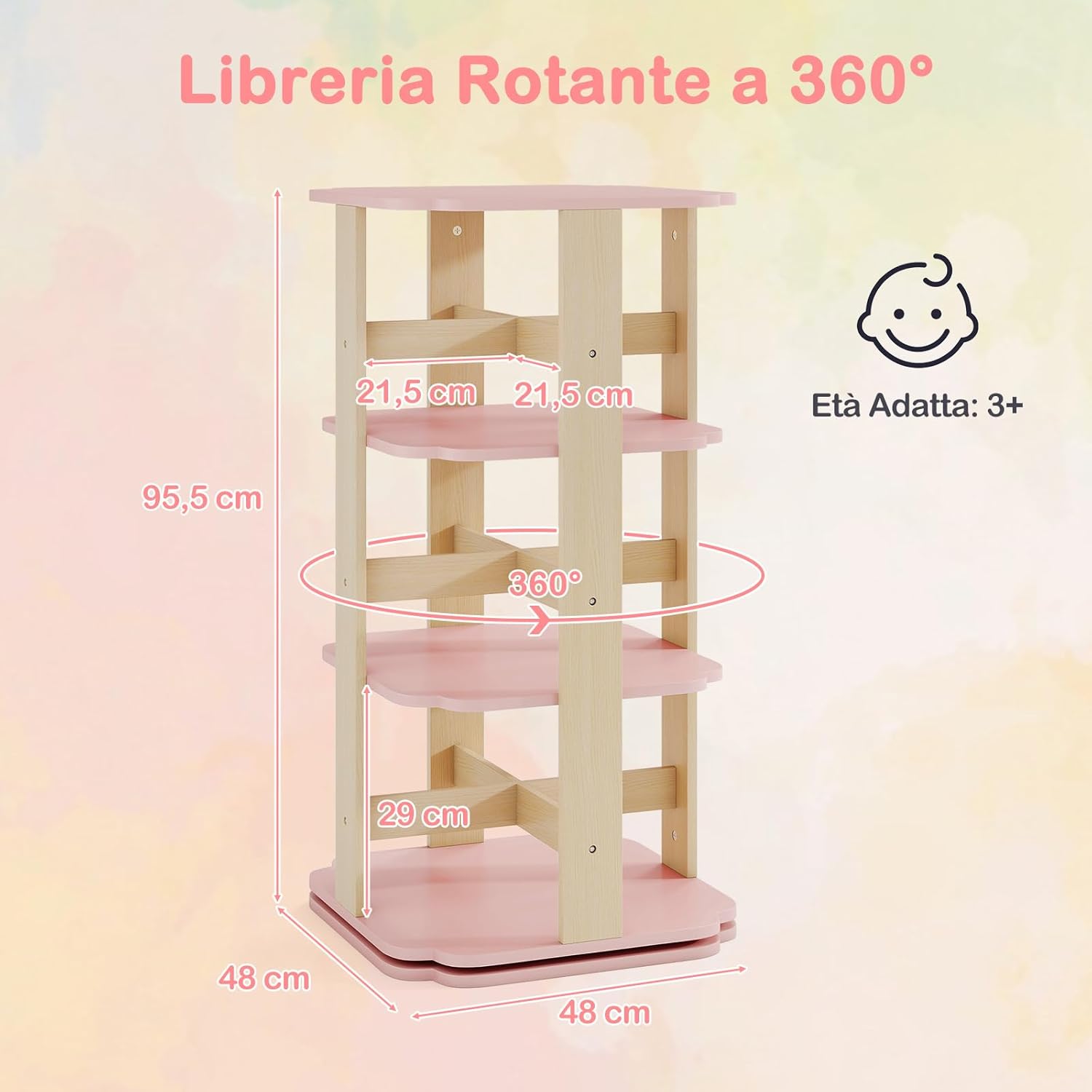 Libreria Girevole per Bambini, Scaffale per Libri in Legno a 3 Livelli con 12 Scomparti, Libreria Angolare e Salvaspazio per Camera da Letto, Studio e Soggiorno, 48 x 48 x 95,5 cm