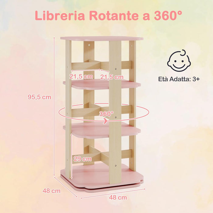Libreria Girevole per Bambini, Scaffale per Libri in Legno a 3 Livelli con 12 Scomparti, Libreria Angolare e Salvaspazio per Camera da Letto, Studio e Soggiorno, 48 x 48 x 95,5 cm