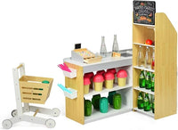 Negozio Giocattolo per Bambini, Bancarella Mercato Giocattolo in Legno, con Carrello della Spesa, Supermercato Giocattolo Scanner, Pos, Carta di Credito e Monete di Legno, 90 x 62 x 111 cm