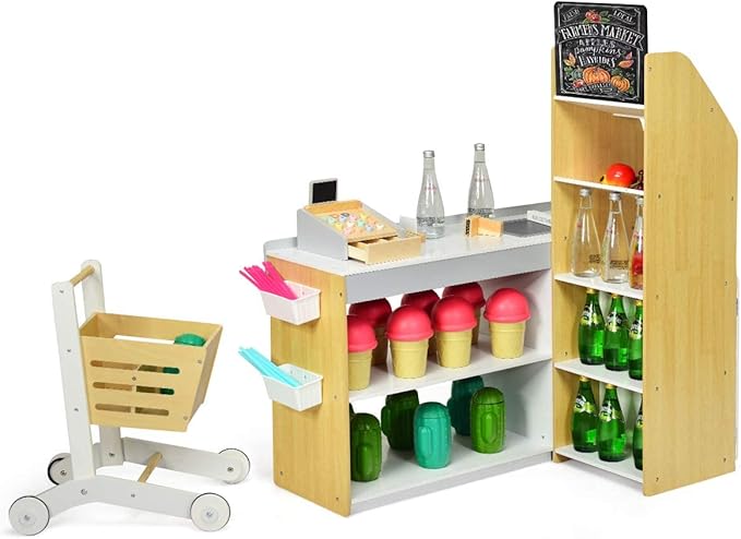 Negozio Giocattolo per Bambini, Bancarella Mercato Giocattolo in Legno, con Carrello della Spesa, Supermercato Giocattolo Scanner, Pos, Carta di Credito e Monete di Legno, 90 x 62 x 111 cm