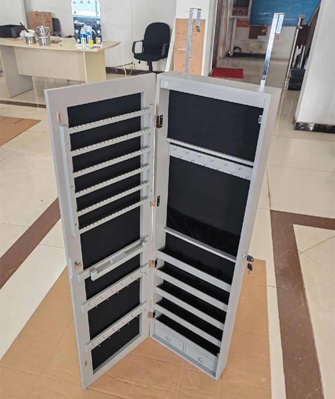 Armadietto per Gioielli con Illuminazione a LED Portagioie da Parete con Specchio, Chiudibile a Chiave, 35,5 x 10 x 120 cm (Grigio Chiaro)