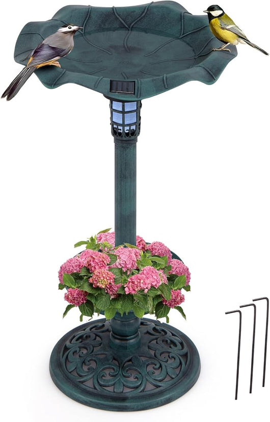 Mangiatoia per Uccelli Solare da Esterno, Bagno per Uccelli con Piedistallo e Ciotola a Forma di Foglia di Loto, Fioriera, Lampada Solare, Decorazione Vintage (Bronzo,43 x 43 x 76 cm)