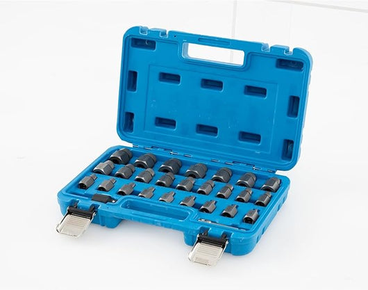 Set di Estrattori per Viti da 27 Pezzi, Kit di Rimozione Bulloni con Doppia Testa e Innesto da 3/8”, Estrattori Multi-Spline per Viti e Steli Strappati, Arrugginiti o Danneggiati (Blu)