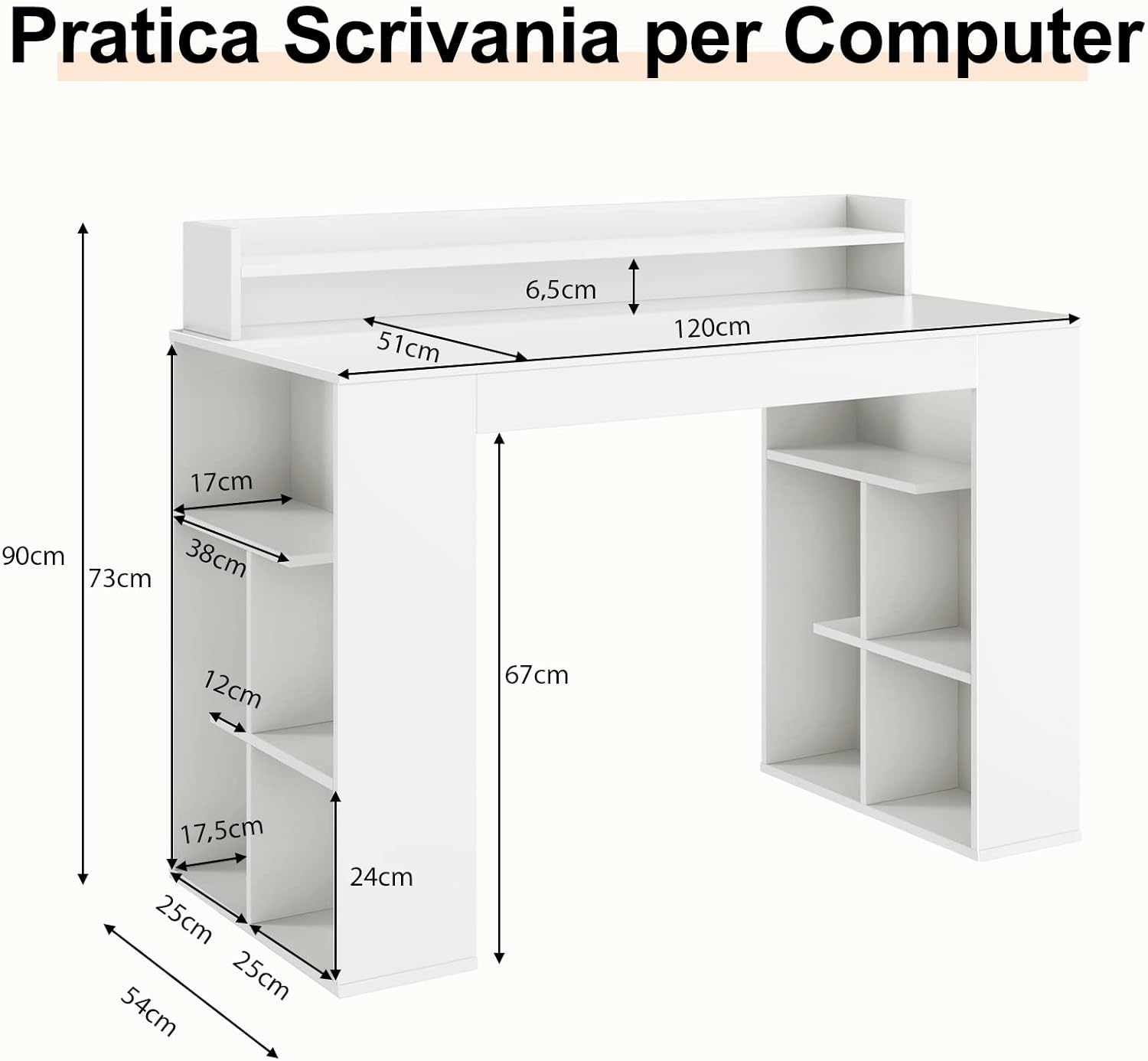 Scrivania per Computer, Scrivania con 2 Librerie, Ripiano e Kit di Antiribaltamento, Scrivania Salvaspazio da Ufficio, Studio, Soggiorno e Camera da Letto, 120 x 54 x 90 cm, Bianco