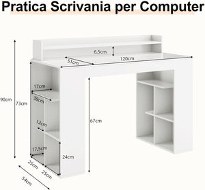 Scrivania per Computer, Scrivania con 2 Librerie, Ripiano e Kit di Antiribaltamento, Scrivania Salvaspazio da Ufficio, Studio, Soggiorno e Camera da Letto, 120 x 54 x 90 cm, Bianco