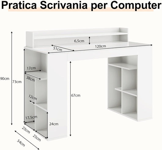 Scrivania per Computer, Scrivania con 2 Librerie, Ripiano e Kit di Antiribaltamento, Scrivania Salvaspazio da Ufficio, Studio, Soggiorno e Camera da Letto, 120 x 54 x 90 cm, Bianco