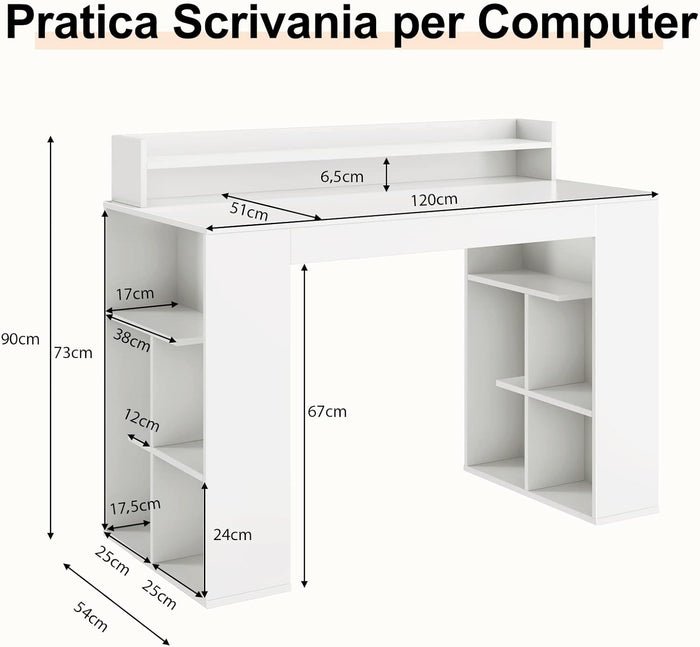 Scrivania per Computer, Scrivania con 2 Librerie, Ripiano e Kit di Antiribaltamento, Scrivania Salvaspazio da Ufficio, Studio, Soggiorno e Camera da Letto, 120 x 54 x 90 cm, Bianco