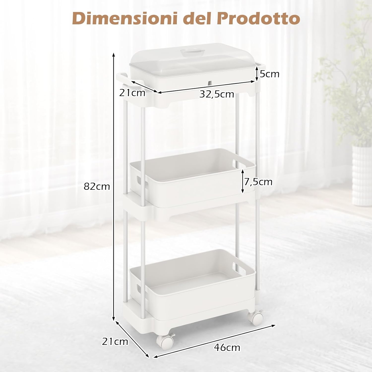 Carrello a 3 Livelli con Ruote Bloccabili, Carrello di Stoccaggio con Coperchio e Scaffali Rimovibili, Struttura in Lega di Alluminio, per Soggiorno Cucina Ufficio, 46x21x82 cm