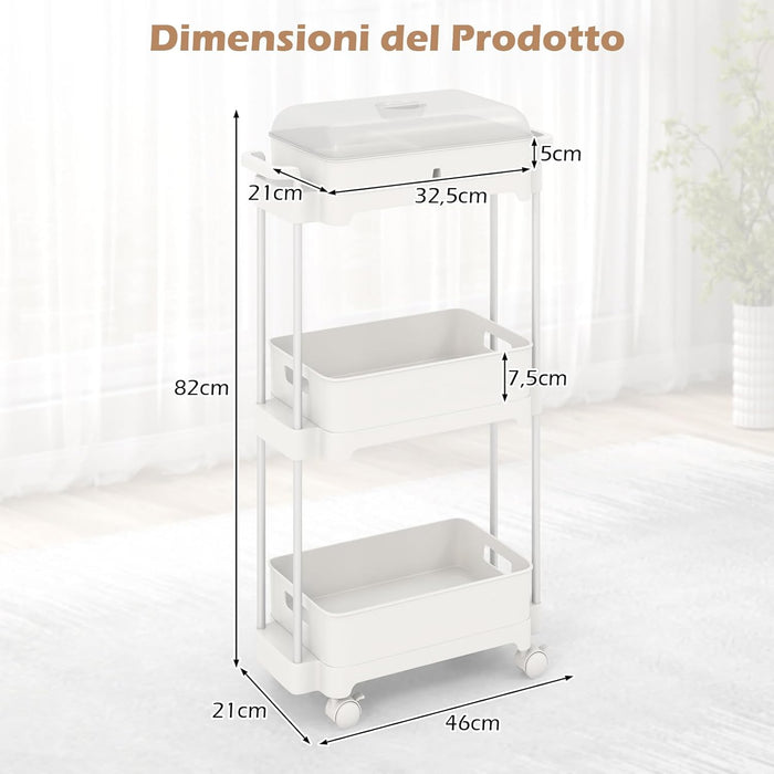 Carrello a 3 Livelli con Ruote Bloccabili, Carrello di Stoccaggio con Coperchio e Scaffali Rimovibili, Struttura in Lega di Alluminio, per Soggiorno Cucina Ufficio, 46x21x82 cm