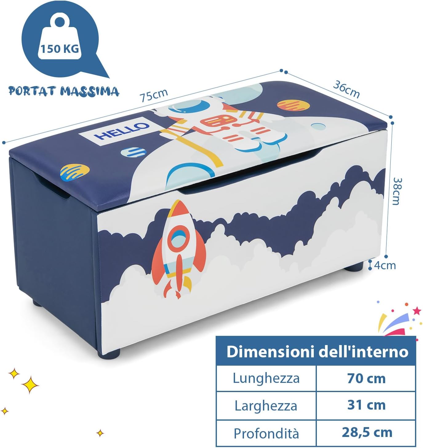 Cassapanca per Bambini in Legno, Panca 2 in 1 per Bambini con Coperchio Rimovibile, Organizer per Bambini per Soggiorno, Cameretta e Nido, 75 x 36 x 38 cm (Blu+Bianco)