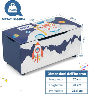 Cassapanca per Bambini in Legno, Panca 2 in 1 per Bambini con Coperchio Rimovibile, Organizer per Bambini per Soggiorno, Cameretta e Nido, 75 x 36 x 38 cm (Blu+Bianco)