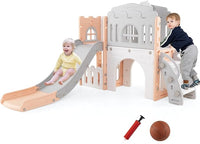Scivolo per Bambini 9 in 1, Set da Gioco con Canestro da Basket, Telescopio, Volante, Corridoio, Tunnel e Spazio di Archiviazione, Scivolo da Interno ed Esterno per 1+ Anni (Rosa+Grigio)